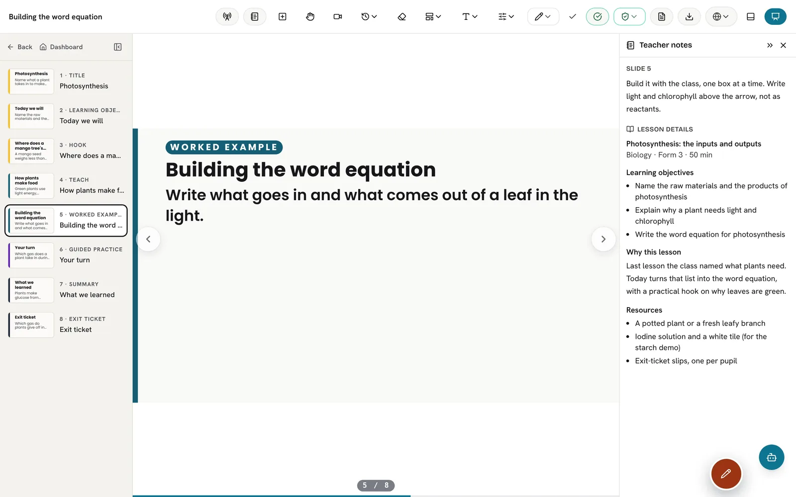 A lesson open in aime with its slide list, a worked example slide and teacher notes