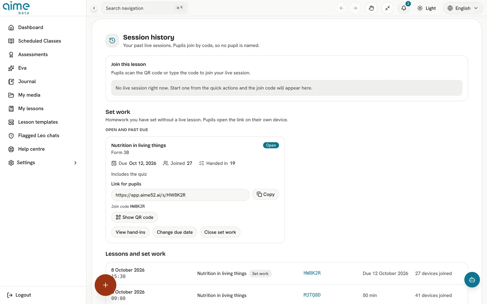 The session history screen