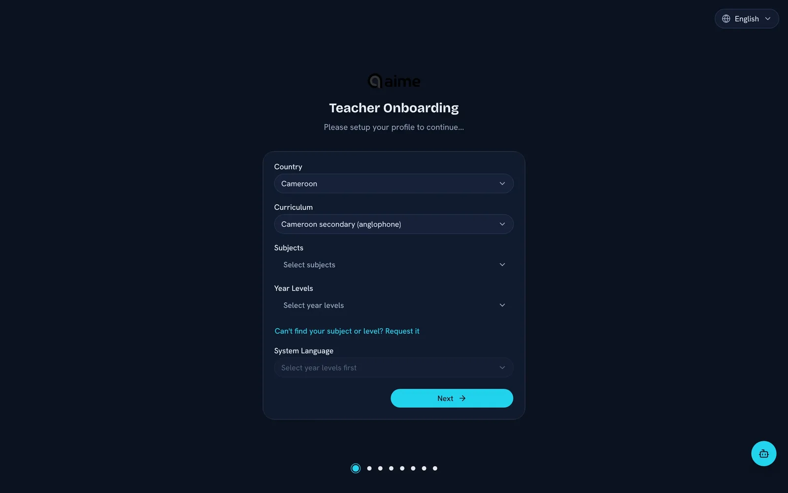 Teacher onboarding: choosing country and curriculum