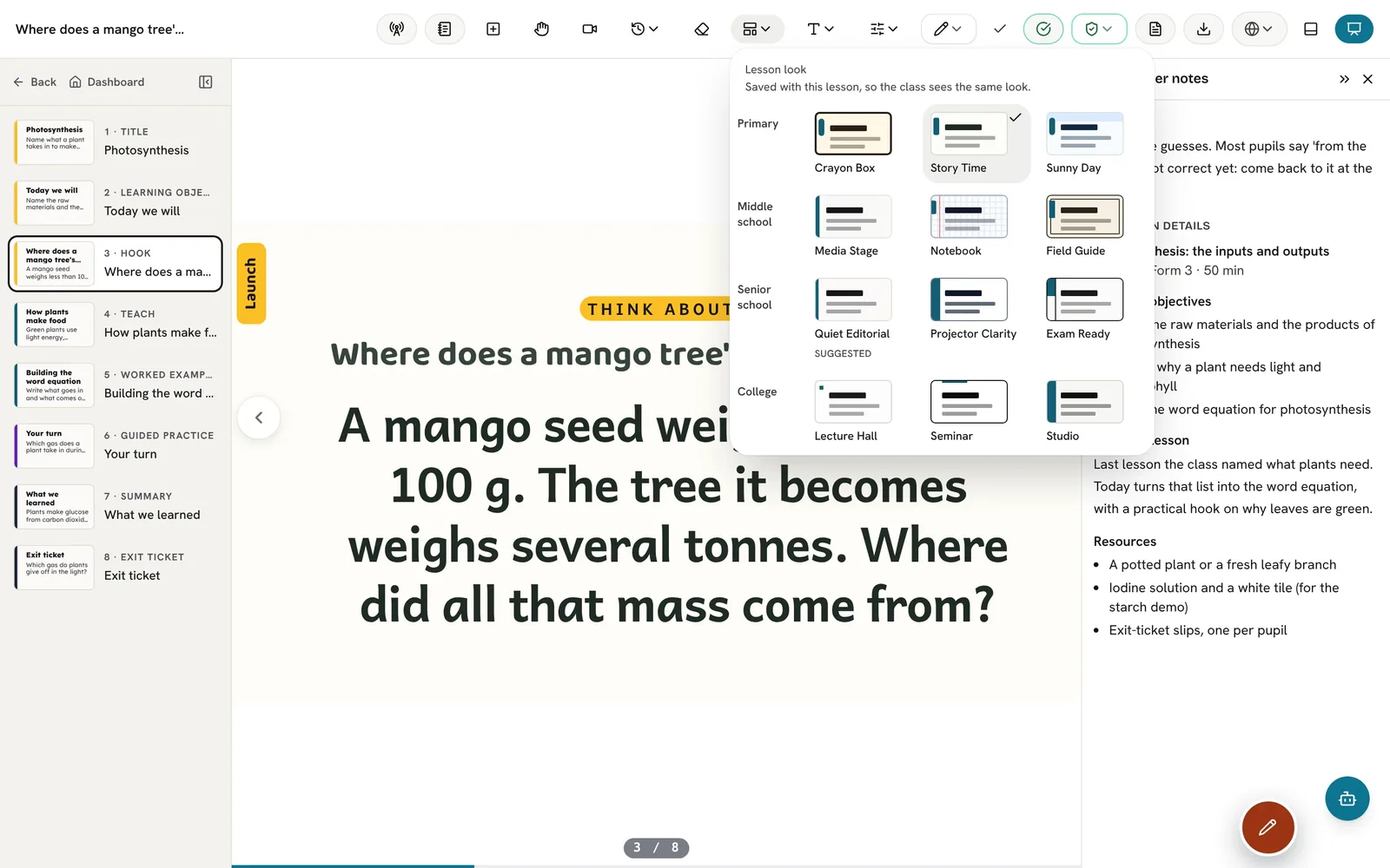 The Look menu open over a lesson, showing twelve looks in four school stages