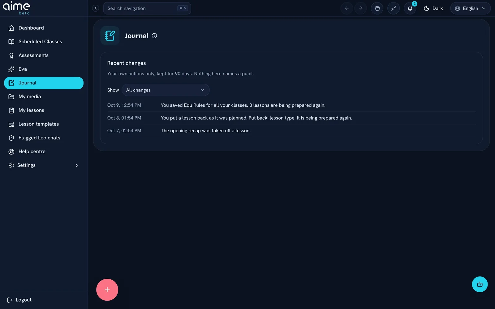 The journal screen listing recent changes