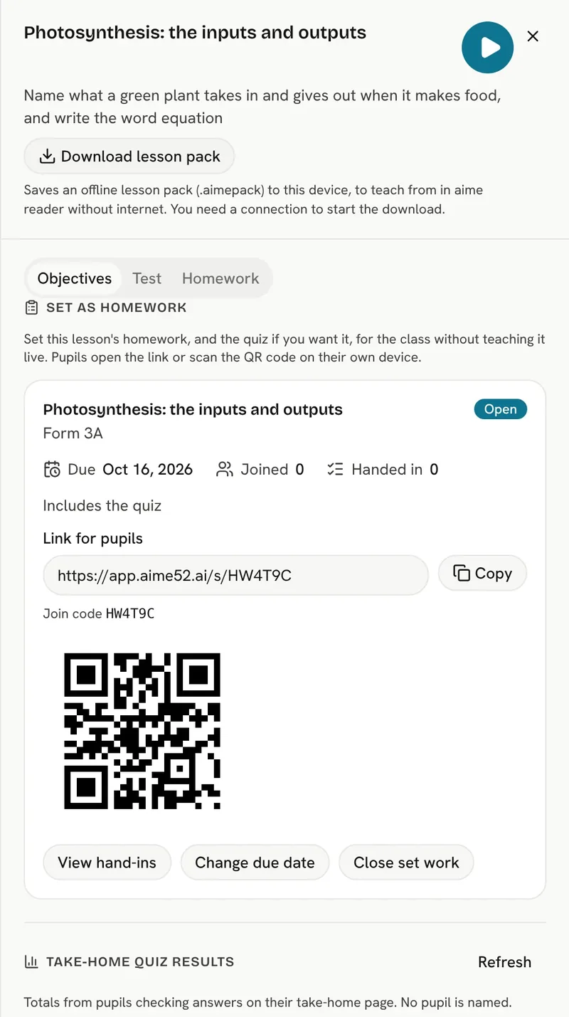 The set as homework panel with a QR code