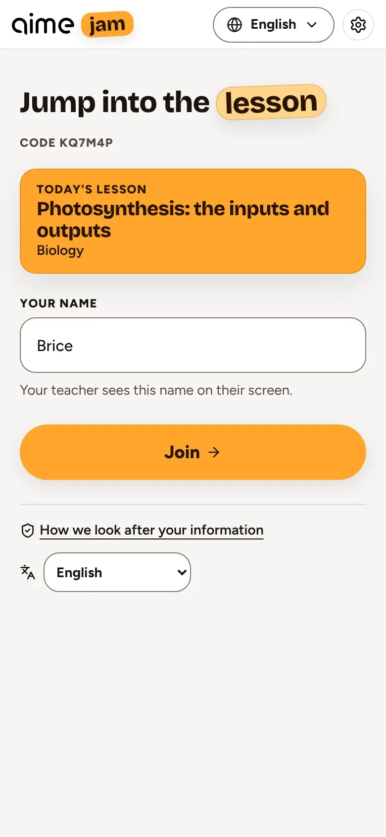 The pupil join page on a phone