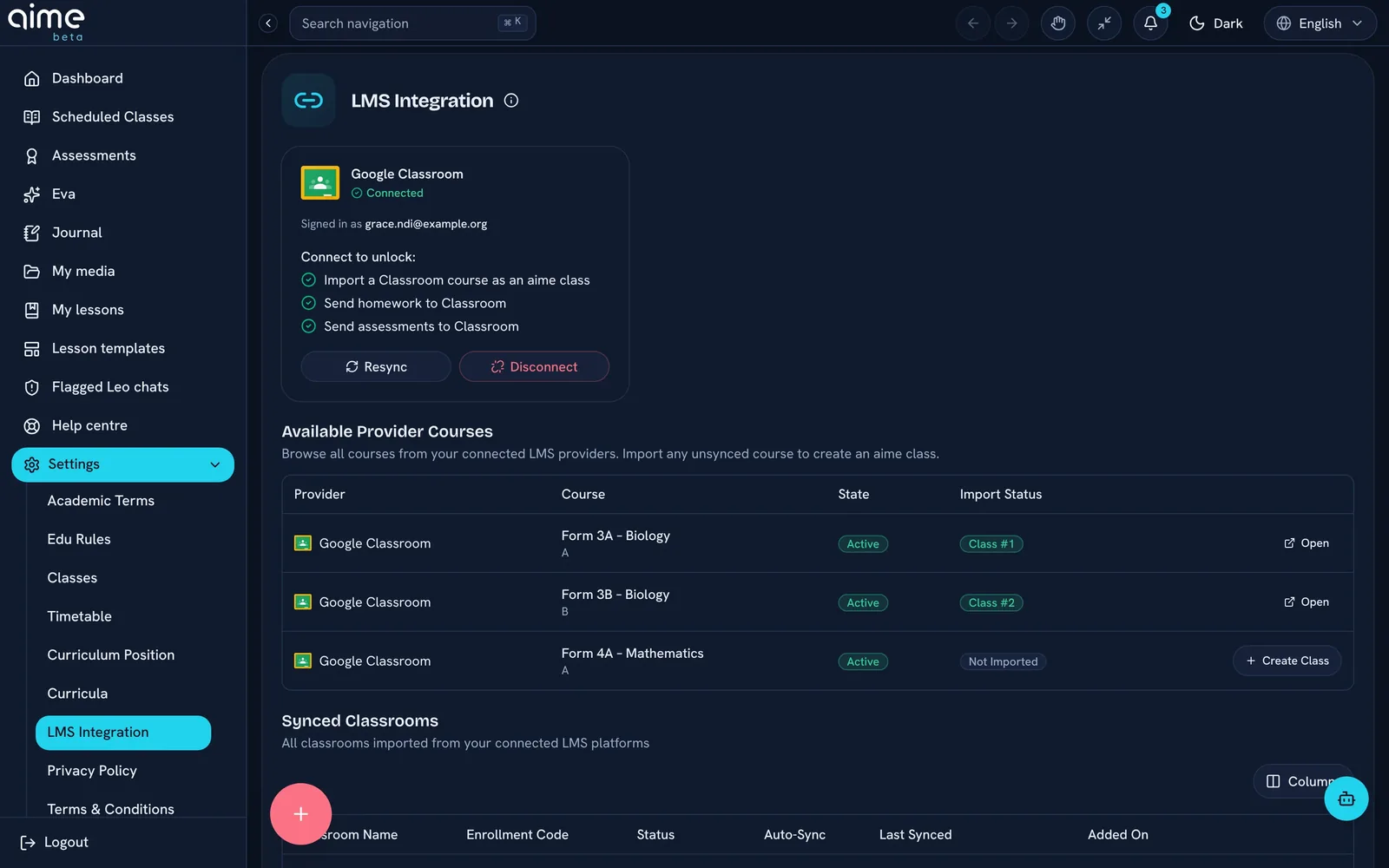 The LMS integration screen with Google Classroom connected