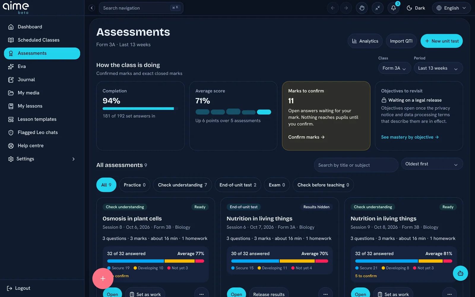 The assessments screen: how the class is doing, purpose filters, and assessment cards with each one’s results