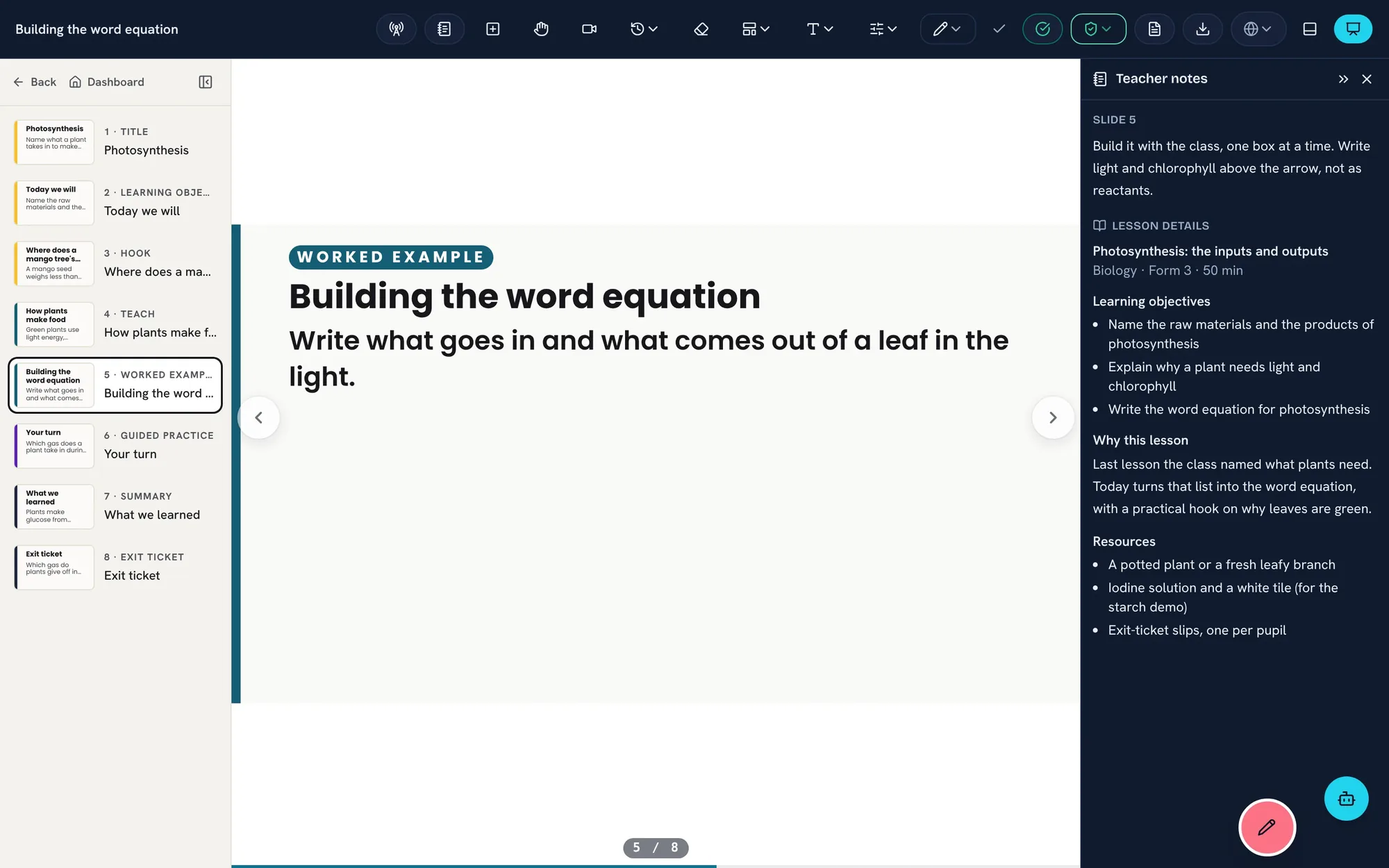 The aime lesson editor: a worked example slide, the slide list and teacher notes, with editing tools along the top