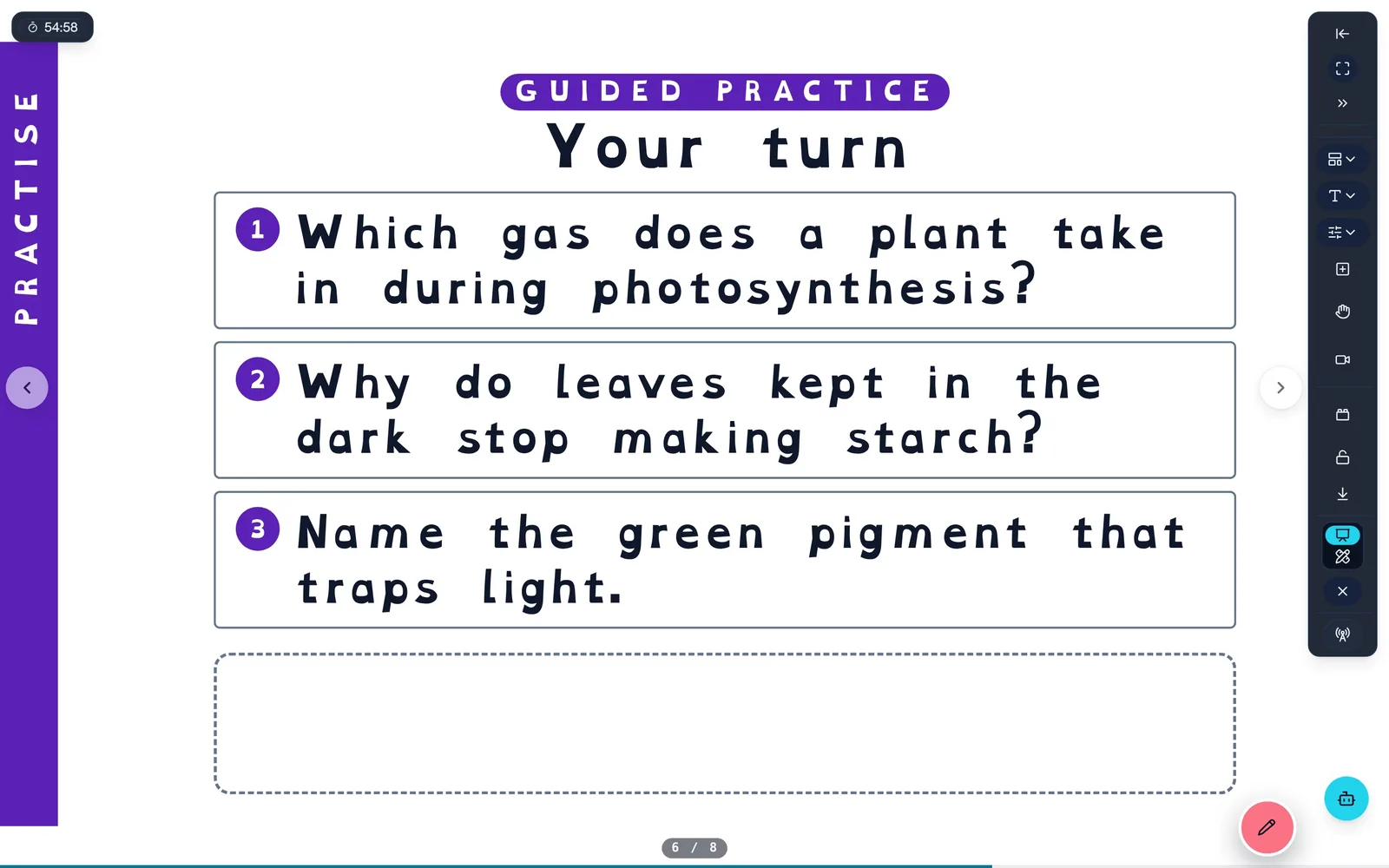 Guided practice slide with three numbered questions
