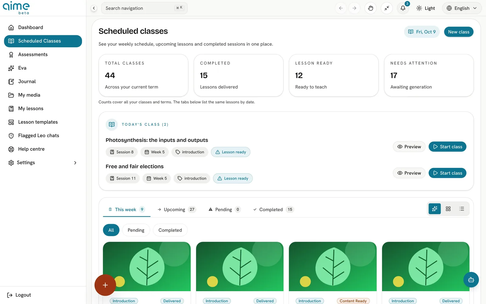 The scheduled classes screen with lesson counts